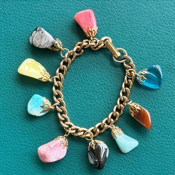 Vintage Grnstone Pebble Nugget Charm Bracelet Semi Precious Polish Stones - Picture 1 of 8